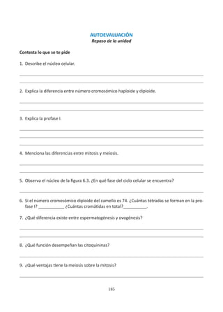 185
AUTOEVALUACIÓN
Repaso de la unidad
Contesta lo que se te pide
1.	Describe el núcleo celular.
2.	 Explica la diferencia entre número cromosómico haploide y diploide.
3.	 Explica la profase I.
4.	 Menciona las diferencias entre mitosis y meiosis.
5.	 Observa el núcleo de la figura 6.3. ¿En qué fase del ciclo celular se encuentra?
6.	 Si el número cromosómico diploide del camello es 74. ¿Cuántas tétradas se forman en la pro-
fase I? ___________ ¿Cuántas cromátidas en total?__________.
7.	 ¿Qué diferencia existe entre espermatogénesis y ovogénesis?
8.	 ¿Qué función desempeñan las citoquininas?
9.	 ¿Qué ventajas tiene la meiosis sobre la mitosis?
 