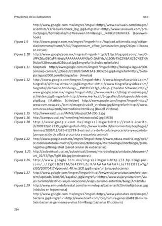 216
Procedencia de las ilustraciones uas
	 http://www.google.com.mx/imgres?imgurl=http://www.ssvisuals.com/images/
scientists/s37leeuwenhoek_big.jpg&imgrefurl=http://www.ssvisuals.com/pro-
ductpages/hphysicians/hs37leeuwen.html&usg=__wF8kLTCRnNnX3- (Leeuwen-
hoek)
Figura 1.9	 http://www.google.com.mx/imgres?imgurl=http://upload.wikimedia.org/wikipe-
dia/commons/thumb/4/49/Plagiomnium_affine_laminazellen.jpeg/240px- (Elodea
en círculo)
Figura 1.10	 http://www.google.com.mx/imgres?imgurl=http://1.bp.blogspot.com/_vwpO-
dFPkZ6o/S8CaPPn6AsI/AAAAAAAAAF4/jvDtGAPjYJc/s1600/4%C2%BA%2BC%C3%A
9lulas%2Bmucosa%2Bbucal.jpg&imgrefurl (células epiteliales)
Figura 1.11	 Adaptada http://www.google.com.mx/imgres?imgurl=http://biologia.laguia2000.
com/wp-content/uploads/2010/07/AMEBA1-300x256.jpg&imgrefurl=http://biolo-
gia.laguia2000.com/biologia/las- (Ameba)
Figura 1.12	 http://www.google.com/imgres?imgurl=http://www.biografiasyvidas.com/
biografia/s/fotos/schwann.jpg&imgrefurl=http://www.biografiasyvidas.com/
biografia/s/schwann.htm&usg=__KWI7HG6t7g5_xMup- (Theodor Schwann)http://
www.google.com.mx/imgres?imgurl=http://www.merke.ch/biografien/images/
schleiden.jpg&imgrefurl=http://www.merke.ch/biografien/biologen/schleiden.
php&usg (Matthias Schleiden) http://www.google.com/imgres?imgurl=http://
www.cvm.ncsu.edu/ccmtr/images/rudolf_virchow.jpg&imgrefurl=http://www.
cvm.ncsu.edu/ccmtr/onemedicine.htm&usg (Rudolf Virchow)
Figura 1.15	 http://www.esi2.us.es/IMM2/dibujos/CM-200-1.jpg
Figura 1.16	 http://campus.usal.es/~sme/img/microscopio2.jpg (MEB)
Figura 1.20	 http://www.google.com.mx/imgres?imgurl=http://static.icarito.
cl/200912/612739.jpg&imgrefurl=http://www.icarito.cl/herramientas/despliegue/
laminas/2009/12/376-612739-3-estructura-de-la-celula-procariota-y-eucariota-
(comparación de célula procariota y eucariota animal)
Figura 1.22	 http://www.google.com.mx/imgres?imgurl=http://www.educa.madrid.org/web/
cc.nsdelasabiduria.madrid/Ejercicios/2b/Biologia/Microbiologia/morfologia/gram-
negativa.gif&imgrefurl (pared celular de eubacterias)
Figura 1.25	 http://aulavirtual.usal.es/aulavirtual/demos/microbiologia/unidades/documen/
uni_02/57/figs/fig0418c.jpg (endosporas)
Figura 1.26	 http://www.google.com.mx/imgres?imgurl=http://2.bp.blogspot.
co m / _ Lt Z gC B BZ 8 2 M / S i 4 Z PF L Z p l I /AAAAAAAAAFc /e7 f B C B S 2 o Yg /
s320/20070417klpcnavid_48.Ies.SCO.jpg&imgrefurl (arqueobacteria)
Figura 1.27	 http://www.google.com/imgres?imgurl=http://www.viajaryvisitar.com/wp-con-
tent/uploads/2008/03/kayaks2.jpg&imgrefurl=http://www.viajaryvisitar.com/via-
jes-turismo/destinos-viajes-vacaciones/viajes-turismo-antartida/&usg (Antártida)
Figura 1.29	 http://www.elmundoforestal.com/terminologia/bacterias%20nitrofijadoras.jpg
(nódulos en leguminosa)
	 http://www.google.com.mx/imgres?imgurl=http://www.yalosabes.net/images/
bacteria.jpg&imgrefurl=http://www.dowfi.com/foro/cultura-general/48118-micro-
bios-bacterias-germenes-y-virus.html&usg (bacterias Rhizobium)
 