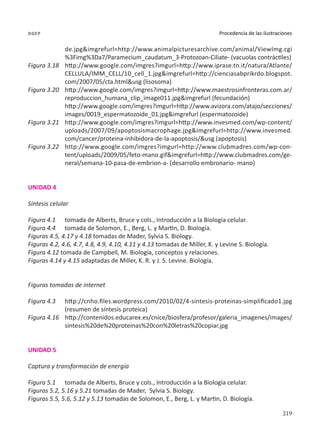 219
Procedencia de las ilustraciones
dgep
de.jpg&imgrefurl=http://www.animalpicturesarchive.com/animal/ViewImg.cgi
%3Fimg%3Da7/Paramecium_caudatum_3-Protozoan-Ciliate- (vacuolas contráctiles)
Figura 3.18	 http://www.google.com/imgres?imgurl=http://www.iprase.tn.it/natura/Atlante/
CELLULA/IMM_CELL/10_cell_1.jpg&imgrefurl=http://cienciasabprikrdo.blogspot.
com/2007/05/cta.html&usg (lisosoma)
Figura 3.20	 http://www.google.com/imgres?imgurl=http://www.maestrosinfronteras.com.ar/
reproduccion_humana_clip_image011.jpg&imgrefurl (fecundación)
	 http://www.google.com/imgres?imgurl=http://www.avizora.com/atajo/secciones/
images/0019_espermatozoide_01.jpg&imgrefurl (espermatozoide)
Figura 3.21	 http://www.google.com/imgres?imgurl=http://www.invesmed.com/wp-content/
uploads/2007/09/apoptosismacrophage.jpg&imgrefurl=http://www.invesmed.
com/cancer/proteina-inhibidora-de-la-apoptosis/&usg (apoptosis)
Figura 3.22	 http://www.google.com/imgres?imgurl=http://www.clubmadres.com/wp-con-
tent/uploads/2009/05/feto-mano.gif&imgrefurl=http://www.clubmadres.com/ge-
neral/semana-10-pasa-de-embrion-a- (desarrollo embronario- mano)
UNIDAD 4
Síntesis celular
Figura 4.1	 tomada de Alberts, Bruce y cols., Introducción a la Biología celular.
Figura 4.4	 tomada de Solomon, E., Berg, L. y Martin, D. Biología.
Figuras 4.5, 4.17 y 4.18 tomadas de Mader, Sylvia S. Biology.
Figuras 4.2, 4.6, 4.7, 4.8, 4.9, 4.10, 4.11 y 4.13 tomadas de Miller, K. y Levine S. Biología.
Figura 4.12 tomada de Campbell, M. Biología, conceptos y relaciones.
Figuras 4.14 y 4.15 adaptadas de Miller, K. R. y J. S. Levine. Biología.
Figuras tomadas de internet
Figura 4.3	 http://cnho.files.wordpress.com/2010/02/4-sintesis-proteinas-simplificado1.jpg
(resumen de síntesis proteica)
Figura 4.16	 http://contenidos.educarex.es/cnice/biosfera/profesor/galeria_imagenes/images/
sintesis%20de%20proteinas%20con%20letras%20copiar.jpg
UNIDAD 5
Captura y transformación de energía
Figura 5.1	 tomada de Alberts, Bruce y cols., Introducción a la Biología celular.
Figuras 5.2, 5.16 y 5.21 tomadas de Mader, Sylvia S. Biology.
Figuras 5.5, 5.6, 5.12 y 5.13 tomadas de Solomon, E., Berg, L. y Martin, D. Biología.
 