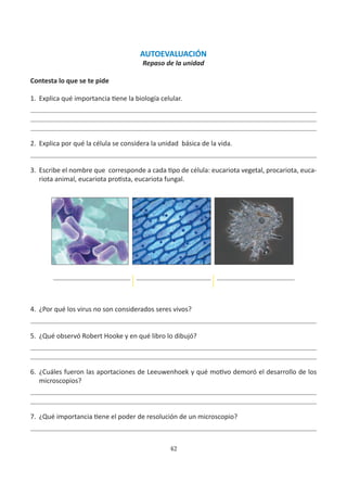 42
AUTOEVALUACIÓN
Repaso de la unidad
Contesta lo que se te pide
1.	 Explica qué importancia tiene la biología celular.
	
2.	 Explica por qué la célula se considera la unidad básica de la vida.
3.	 Escribe el nombre que corresponde a cada tipo de célula: eucariota vegetal, procariota, euca-
riota animal, eucariota protista, eucariota fungal.
4.	 ¿Por qué los virus no son considerados seres vivos?
5.	 ¿Qué observó Robert Hooke y en qué libro lo dibujó?
6.	 ¿Cuáles fueron las aportaciones de Leeuwenhoek y qué motivo demoró el desarrollo de los
microscopios?
7.	 ¿Qué importancia tiene el poder de resolución de un microscopio?
 