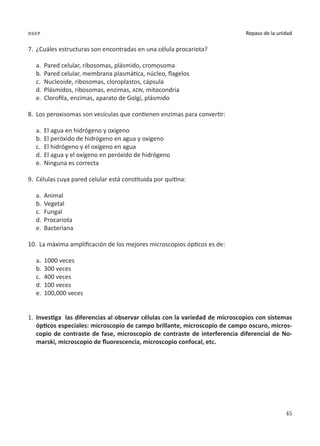45
Repaso de la unidad
dgep
7.	 ¿Cuáles estructuras son encontradas en una célula procariota?
a.	 Pared celular, ribosomas, plásmido, cromosoma
b.	 Pared celular, membrana plasmática, núcleo, flagelos
c.	 Nucleoide, ribosomas, cloroplastos, cápsula
d.	 Plásmidos, ribosomas, enzimas, ADN, mitocondria
e.	 Clorofila, enzimas, aparato de Golgi, plásmido
8.	 Los peroxisomas son vesículas que contienen enzimas para convertir:
a.	 El agua en hidrógeno y oxígeno
b.	 El peróxido de hidrógeno en agua y oxígeno
c.	 El hidrógeno y el oxígeno en agua
d.	 El agua y el oxígeno en peróxido de hidrógeno
e.	 Ninguna es correcta
9.	 Células cuya pared celular está constituida por quitina:
a.	 Animal
b.	 Vegetal
c.	 Fungal
d.	 Procariota
e.	 Bacteriana
10.	 La máxima amplificación de los mejores microscopios ópticos es de:
a.	 1000 veces
b.	 300 veces
c.	 400 veces
d.	 100 veces
e.	 100,000 veces
1.	 Investiga las diferencias al observar células con la variedad de microscopios con sistemas
ópticos especiales: microscopio de campo brillante, microscopio de campo oscuro, micros-
copio de contraste de fase, microscopio de contraste de interferencia diferencial de No-
marski, microscopio de fluorescencia, microscopio confocal, etc.
 