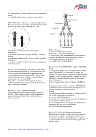 d) a duplicação dos cromossomos deverá ocorrer durante a
mitose.
e) a produção de proteínas é totalmente interrompida.

62) (FUVEST-2006) No desenho ao lado, estão representados
dois cromossomos de uma célula que resultou da 1ª- divisão
da meiose de um indivíduo heterozigótico AaBb.

Esquematize esses cromossomos, com os genes
mencionados,
a) no final da interfase da célula que originou a célula do
desenho.
b) nas células resultantes da 2ª- divisão meiótica da célula
do desenho.
c) em todas as células resultantes da meiose que originou a
célula do desenho.

63) (UFRJ-2006) Ao analisar o cariótipo de células obtidas
de uma criança com síndrome de Down, observou-se que
70% das células apresentavam 47 cromossomos, por
exibirem a trissomia do cromossomo 21, e que 30% das
células apresentavam um cariótipo normal, ou seja, 46
cromossomos, sem trissomia do 21.
Responda se o fenômeno da não-disjunção do par de
cromossomos 21 ocorreu antes ou depois da formação do
zigoto. Justifique sua resposta.

64) (VUNESP-2007) O esquema representa a
espermatogênese humana, processo no qual, a partir de
divisões e diferenciações celulares, serão produzidos os
espermatozóides que darão origem aos indivíduos da
geração seguinte.

Pode-se dizer que:
a) a seta de número 1 indica mitose.
b) a célula A é chamada de espermátide.
c) nas células B, cada cromossomo tem duas cromátides.
d) a partir da puberdade, ocorrem apenas os eventos
representados pelas setas de números 2 e 3.
e) as células A, B e C são haplóides.

65) (PUC - MG-2007) UMA CÉLULA QUE MUDOU DE
TIME
O biólogo Jerry Borges relata um surpreendente resultado
obtido por cientistas da Universidade de Guelph, no
Canadá: eles mostraram que gametas femininos podem ser
formados a partir de células da pele. Publicado na Nature
Cell Biology, o estudo desafia um pilar da biologia do
desenvolvimento.

(Fonte: Ciência Hoje online, 21 de abril de 2006.)
Sobre esse assunto, assinale a afirmativa INCORRETA.
a) A técnica descrita poderia ser útil para a produção de
gametas em mulheres que não possuem
ovários.
b) Os gametas femininos originados de células da pele de
um mesmo indivíduo devem apresentar
um mesmo patrimônio genético.
c) O sucesso do processo descrito dependeu da indução de
meiose em uma célula somática.
d) Em condições normais, as crianças do sexo feminino
apresentam, em seus ovários, ovócitos no
início da primeira divisão meiótica.

66) (UNIFESP-2008) As infecções hospitalares são
freqüentemente causadas por bactérias que passaram por
um processo de seleção e se mostram, com isso, muito
resistentes a antibióticos. A situação é agravada pelo fato de
as bactérias apresentarem um crescimento populacional
bastante rápido.

11 | Projeto Medicina – www.projetomedicina.com.br

 