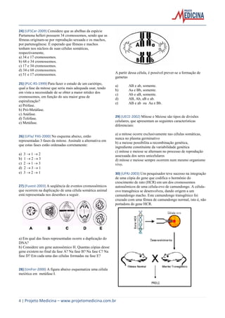 24) (UFSCar-2009) Considere que as abelhas da espécie
Partamona helleri possuem 34 cromossomos, sendo que as
fêmeas originam-se por reprodução sexuada e os machos,
por partenogênese. É esperado que fêmeas e machos
tenham nos núcleos de suas células somáticas,
respectivamente,
a) 34 e 17 cromossomos.
b) 68 e 34 cromossomos.
c) 17 e 34 cromossomos.
d) 34 e 68 cromossomos.
e) 51 e 17 cromossomos.
25) (PUC-RS-1999) Para fazer o estudo de um cariótipo,
qual a fase da mitose que seria mais adequada usar, tendo
em vista a necessidade de se obter a maior nitidez dos
cromossomos, em função do seu maior grau de
espiralização?
a) Prófase.
b) Pró-Metáfase.
c) Anáfase.
d) Telófase.
e) Metáfase.

26) (UFla/ PAS-2000) No esquema abaixo, estão
representadas 3 fases da mitose. Assinale a alternativa em
que estas fases estão ordenadas corretamente:
a)
b)
c)
d)
e)

312
123
213
231
321

27) (Fuvest-2003) A seqüência de eventos cromossômicos
que ocorrem na duplicação de uma célula somática animal
está representada nos desenhos a seguir.

A partir dessa célula, é possível prever-se a formação de
gametas
a)
b)
c)
d)
e)

AB e ab, somente.
Aa e Bb, somente.
Ab e aB, somente.
AB, Ab, aB e ab.
AB e ab ou Aa e Bb.

29) (UECE-2002) Mitose e Meiose são tipos de divisões
celulares, que apresentam as seguintes características
diferenciais:
a) a mitose ocorre exclusivamente nas células somáticas,
nunca no plasma germinativo
b) a meiose possibilita a recombinação genética,
ingrediente constituinte da variabilidade genética
c) mitose e meiose se alternam no processo de reprodução
assexuada dos seres unicelulares
d) mitose e meiose sempre ocorrem num mesmo organismo
vivo.
30) (UFRJ-2003) Um pesquisador teve sucesso na integração
de uma cópia do gene que codifica o hormônio do
crescimento de rato (HCR) em um dos cromossomos
autossômicos de uma célula-ovo de camundongo. A célulaovo transgênica se desenvolveu, dando origem a um
camundongo macho. Este camundongo transgênico foi
cruzado com uma fêmea de camundongo normal, isto é, não
portadora do gene HCR.

a) Em qual das fases representadas ocorre a duplicação do
DNA?
b) Considere um gene autossômico H. Quantas cópias desse
gene existem no final da fase A? Na fase B? Na fase C? Na
fase D? Em cada uma das células formadas na fase E?

28) (UniFor-2000) A figura abaixo esquematiza uma célula
meiótica em metáfase I.

4 | Projeto Medicina – www.projetomedicina.com.br

 