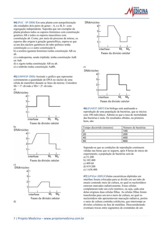 44) (PUC - SP-2006) Em uma planta com autopolinização
são estudados dois pares de genes - A, a e B, b - com
segregação independente. Suponha que um exemplar da
planta produza todos os esporos femininos com constituição
genética AB e todos os esporos masculinos com
constituição ab. Como, por meio do processo de mitose, os
esporos dão origem à geração gametofítica, espera-se que
a) um dos núcleos gaméticos do tubo polínico tenha
constituição a e o outro constituição b.
b) a oosfera (gameta feminino) tenha constituição AB ou
ab.
c) o endosperma, sendo triplóide, tenha constituição AaB
ou Aab.
d) o zigoto tenha constituição AB ou ab.
e) o embrião tenha constituição AaBb.

e)

45) (UNIFESP-2006) Assinale o gráfico que representa
corretamente a quantidade de DNA no núcleo de uma
célula de mamífero durante as fases da meiose. Considere
MI = 1ª- divisão e MII = 2ª- divisão.
a)

46) (FUVEST-2007) Um biólogo está analisando a
reprodução de uma população de bactérias, que se iniciou
com 100 indivíduos. Admite-se que a taxa de mortalidade
das bactérias é nula. Os resultados obtidos, na primeira
hora, são:
b)

c)

d)

Tempo decorrido (minutos)
0
20
40
60

Número de bactérias
100
200
400
800

Supondo-se que as condições de reprodução continuem
válidas nas horas que se seguem, após 4 horas do início do
experimento, a população de bactérias será de
a) 51.200
b) 102.400
c) 409.60
d) 819.200
e) 1.638.400
47) (UFSCar-2005) Células eucarióticas diplóides em
interfase foram colocadas para se dividir em um tubo de
ensaio contendo meio de cultura, no qual os nucleotídeos
estavam marcados radiativamente. Essas células
completaram todo um ciclo mitótico, ou seja, cada uma
delas originou duas células filhas. As células filhas foram
transferidas para um novo meio de cultura, no qual os
nucleotídeos não apresentavam marcação radiativa, porém
o meio de cultura continha colchicina, que interrompe as
divisões celulares na fase de metáfase. Desconsiderando
eventuais trocas entre segmentos de cromátides de um

7 | Projeto Medicina – www.projetomedicina.com.br

 