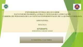 UNIVERSIDAD CENTRAL DEL ECUADOR
FACULTAD DE FILOSOFÍA, LETRAS Y CIENCIAS DE LA EDUCACIÓN
CARRERA DE PEDAGOGÍA DE LAS CIENCIAS EXPERIMENTALES, DE LA QUÍMICAY BIOLOGÍA
ASIGNATURA:
BIOLOGÍA
ESTUDIANTE:
JOHANNA CABASCANGO
ECOSISTEMA Y FACTORES
 