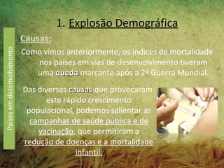 1. Explosão Demográfica
                            Causas:
                            Como vimos anteriormente, os índices de mortalidade
Países em desenvolvimento




                               nos países em vias de desenvolvimento tiveram
                               uma queda marcante após a 2ª Guerra Mundial.
                            Das diversas causas que provocaram
                                  este rápido crescimento
                             populacional, podemos salientar as
                              campanhas de saúde pública e de
                                vacinação, que permitiram a
                            redução de doenças e a mortalidade
                                           infantil.
 