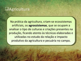 Agricultura

  Na prática da agricultura, criam-se ecossistemas
   artificiais, os agrossistemas, que se ocupam a
                   agrossistemas
 analisar o tipo de culturas e criações presentes na
 produção, ficando atento às técnicas elaboradas e
     utilizadas no estudo da relação e impacto
   produtivo da agricultura e pecuária no campo.
 