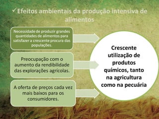Efeitos ambientais da produção intensiva de
                alimentos


                                 Crescente
                               utilização de
                                 produtos
                              químicos, tanto
                               na agricultura
                             como na pecuária
 