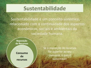 Sustentabilidade é um conceito sistémico,
relacionado com a continuidade dos aspectos
     económicos, sociais e ambientais da
             sociedade humana.


                   Se a reposição de recursos
                       for superior ao seu
                        consumo, o país é
                           sustentável.
 