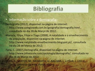 • Informação sobre a demografia:
Demografia (2012), disponível na página de internet:
   http://www.colegioweb.com.br/geografia/demografia.html ,
   consultada no dia 28 de Março de 2012;
Marcela, Filipa, Filipe e Tiago (2008), A natalidade e o envelhecimento
   da população, disponível na página de internet:
   http://www.natalidade-envelhecimento.blogspot.pt/, consultada
   no dia 28 de Março de 2012;
Faria, C. (2007),Demografia, disponível na página de internet:
   http://www.infoescola.com/sociologia/demografia/, consultada no
   dia 28 de Março de 2012;
SILVA, A., SANTOS, M., MESQUITA, A., BALDAIA, L. e FÉLIX, J. (2011),
   Terra, Universo de Vida, Porto Editora;
 