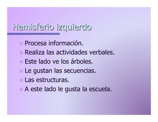 Hemisferio izquierdo
n  Procesa

información.
n  Realiza las actividades verbales.
n  Este lado ve los árboles.
n  Le gustan las secuencias.
n  Las estructuras.
n  A este lado le gusta la escuela.

 