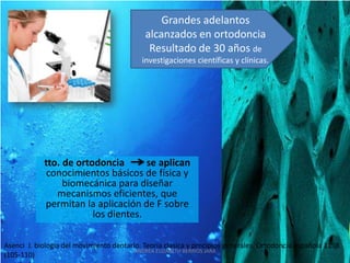 Grandes adelantos
                                            alcanzados en ortodoncia
                                             Resultado de 30 años de
                                           investigaciones científicas y clínicas.




            tto. de ortodoncia       se aplican
             conocimientos básicos de física y
                 biomecánica para diseñar
               mecanismos eficientes, que
            permitan la aplicación de F sobre
                        los dientes.

Asenci J. biologia del movimiento dentario. Teoria clasica y prncipios generales. Ortodoncia española 1198
                                         ANDREA ELIZABETH BERRIOS JARA
(105-110)
 