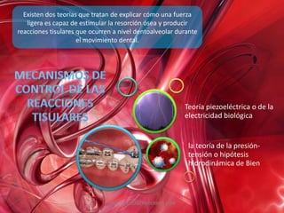 Existen dos teorías que tratan de explicar cómo una fuerza
   ligera es capaz de estimular la resorción ósea y producir
reacciones tisulares que ocurren a nivel dentoalveolar durante
                     el movimiento dental.




                                                               Teoría piezoeléctrica o de la
                                                               electricidad biológica


                                                                la teoría de la presión-
                                                                tensión o hipótesis
                                                                hidrodinámica de Bien



                               ANDREA ELIZABETH BERRIOS JARA
 