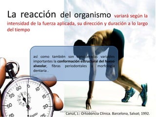 La reacción del organismo                          variará según la
intensidad de la fuerza aplicada, su dirección y duración a lo largo
del tiempo




            así como también son consideradas variables
            importantes la conformación estructural del hueso
            alveolar, fibras periodontales y morfología
            dentaria .




                           ANDREA ELIZABETH BERRIOS JARA
                               Canut, J.: Ortodoncia Clínica. Barcelona, Salvat; 1992.
 