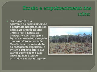    Um conseqüência
    agravante do desmatamento é
    o progresso dos processos de
    erosão. As árvores de uma
    floresta têm a função de
    proteger o solo, para que a
    água da chuva não passe pelo
    tronco e infiltre no subsolo.
    Elas diminuem a velocidade
    do escoamento superficial, e
    evitam o impacto direto das
    chuvas como o solo e suas
    raízes ajudam a retê-lo,
    evitando a sua desagregação.
 