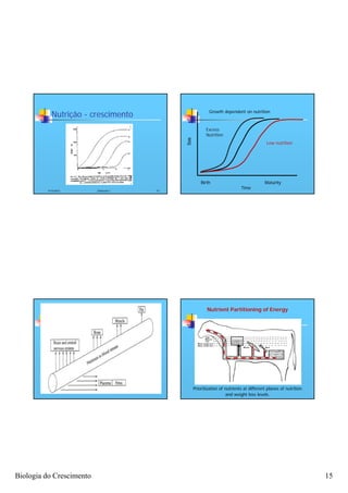 Growth dependent on nutrition
            Nutrição - crescimento
                                                    Excess
                                                    Nutrition
                                                                                     Low nutrition




                                                 Birth                              Maturity
                                                                       Time
          4/16/2012       Zootecnia I   57




                                                    Nutrient Partitioning of Energy




                                             Prioritization of nutrients at different planes of nutrition
                                                               and weight loss levels.




Biologia do Crescimento                                                                                     15
 