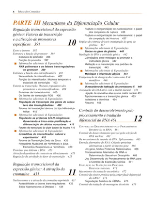 x   Tabela dos Conteúdos



PARTE III Mecanismo da Diferenciação Celular
Regulação transcricional da expressão                             Ruptura e reorganização de nucleossomos: o papel
                                                                     dos complexos de ruptura 436
gênica: Fatores de transcrição                                    Ruptura e reorganização de nucleossomos: o papel
e a ativação de promotores                                           da competição de histonas 437

específicos 391                                    10        Regiões de controle de loco: transcrição do gene da
                                                                      globina 437
                                                                  Informações adicionais & Especulações
Éxons e Íntrons 392                                               Trocas no gene de globina       440
Estrutura e função do promotor     394                       Metilação de DNA e atividade gênica     442
     Estrutura do promotor 396                                    Correlações entre metilação do promotor e
     Função do promotor 397                                          inatividade gênica 442
     Informações adicionais & Especulações                        Metilação e a manutenção dos padrões de
     RNA polimerase e os fatores trans-reguladores                   transcrição 443
       no promotor 399                                            Informações adicionais & Especulações
Estrutura e função dos intensificadores   402                     Metilação e impressão gênica       444
     Necessidade de intensificadores    402                  Compensação de dosagem do cromossomo X de
     Função do intensificador: Modelos temporais e                   mamíferos 446
        espaciais de transcrição 403                             Informações adicionais & Especulações
Fatores de transcrição: Os trans-reguladores dos                  O mecanismo de inativação do cromossomo X         449
         promotores e dos intensificadores 404               Associação do DNA ativo com a matriz nuclear      451
     Proteínas de homeodomínio 405                                Ligação da cromatina ativa a uma matriz nuclear 451
     Os fatores de transcrição POU 406                            Topoisomerases e a transcrição gênica 453
     Informações adicionais & Especulações                        Isoladores e domínios 454
     Regulação da transcrição dos genes de cadeia                 Resumo 455
         leve das imunoglobulinas 409
     Fatores de transcrição básicos do tipo hélice-alça-
         hélice 415                                          Controle do desenvolvimento pelo
     Informações adicionais & Especulações                   processamento e tradução
     Regulando as proteínas bHLH miogênicas:
         Governando a troca entre proliferação e
         diferenciação de células musculares 416
                                                             diferencial do RNA 461                            12
     Fatores de transcrição do zíper básico da leucina 416   CONTROLE DO DESENVOLVIMENTO PELO PROCESSAMENTO
     Informações adicionais & Especulações                            DIFERENCIAL DE RNA 461
     Armadilhas do intensificador: natural e                 Controle do desenvolvimento precoce pela seleção de
         experimental 418                                             RNA nuclear 462
     Fatores de Transcrição Dedo de Zinco 420                Os mecanismos de emenda de RNA: Spliceosomes 465
     Receptores Nucleares de Hormônios e Seus                Emenda alternativa do RNA: Criando proteínas
         Elementos Responsivos a Hormônios    420                     alternativas a partir do mesmo gene 466
Proteínas que dobram o DNA 423                                    Um gene, Muitas Proteínas Relacionadas 466
Ativação dependente de contexto ou silenciamento 423              Processamento Alternativo de RNA e
Regulação da atividade do fator de transcrição 425                   Determinação Sexual em Drosophila 468
                                                                  Uso Disseminado do Processamento de RNA para
                                                                     o Controle da Expressão Gênica 471
Regulação transcricional da                                  REGULAÇÃO DA TRADUÇÃO DOS PROCESSOS
expressão gênica: A ativação da                                       DESENVOLVIMENTAIS 471

cromatina 431                                      11        Mecanismos da tradução eucariótica 472
                                                             Controle da síntese protéica pela longevidade diferencial
                                                                      do mRNA 474
Nucleossomos e a ativação da cromatina reprimida      431         Degradação Seletiva de mRNAs          475
     Acessibilidade a fatores trans-reguladores     432      Controle da tradução de mensagens do oócito      476
     Sítios hipersensíveis à DNAase I     434
 