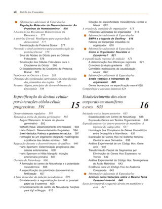 xii   Tabela dos Conteúdos


      Informações adicionais & Especulações                        Indução de especificidade mesodérmica ventral e
      Regulação Molecular do Desenvolvimento: As                       lateral 612
         Proteínas do Homeodomínio    576                     A criação da atividade do organizador      613
A GERAÇÃO DA POLARIDADE DORSOVENTRAL EM                            Proteínas secretadas do organizador         613
         DROSOPHILA 577                                            Informações adicionais & Especulações
A proteína Dorsal: Morfógeno para a polaridade                     BMP4 e a lagosta de Geoffroy 616
         dorsoventral 577                                          Fatores de transcrição induzidos no
      Translocação da Proteína Dorsal     577                          organizador 619
Provendo o sinal assimétrico para a translocação da                Informações adicionais & Especulações
        proteína Dorsal 578                                        Como o Organizador Neuraliza o
      Sinal do Núcleo do Oócito para as Células                      Ectoderma? 621
          Foliculares 578                                     A especificidade regional de indução      621
      Sinalização das Células Foliculares para o                   A determinação das diferenças regionais           621
          Citoplasma do Oócito 580                                 O modelo do duplo gradiente 623
      O Estabelecimento do Gradiente da Proteína                   Correlatos moleculares da caudalização
          Dorsal 581                                                  neural 624
PRIMÓRDIOS DE ÓRGÃOS E EIXOS 585                                   Informações adicionais & Especulações
O modelo de coordenadas cartesianas e a especificação              Sinais verticais e horizontais do
        dos primórdios dos órgãos 585                                 organizador 626
Resumo: Alguns princípios do desenvolvimento da                    Genes homeobox na especificação neural 628
        Drosophila 586                                        Competência e cascatas indutivas 628

Especificação do destino celular                              Estabelecimento dos eixos
por interações célula-célula                                  corporais em mamíferos
progressivas 591                                      15      e aves 635                                             16
Desenvolvimento regulativo 591                                Iniciando o eixo ântero-posterior   635
Testando a teoria do plasma germinativo      592                   Estabelecendo um Centro de Nieuwkoop 635
      August Weismann: A teoria do plasma                          Expressão Gênica em Tecidos Organizadores 636
          germinativo 592                                     Especificando o eixo ântero-posterior de mamífero: A
      Wilhelm Roux: Desenvolvimento em mosaico 593                     hipótese do código Hox 637
      Hans Driesch: Desenvolvimento Regulativo          594        Homologia dos Complexos de Genes Homeóticos
      Sven Hörstadius: Potência e gradientes em oócitos 597            entre Drosophila e Mamíferos 637
      Formação de um organismo integrado: Restringindo             Expressão de Genes Hox no Sistema Nervoso
          a potência das células vizinhas 598                          Central e seus Derivados 638
Regulação durante o desenvolvimento de anfíbios       600          Análise Experimental de um Código Hox: Gene
      Hans Spemann: Determinação progressiva das                       Alvo 640
         células embrionárias 600                                  Transformação Parcial de Segmentos por
      Hans Spemann e Hilde Mangold: Indução                            Eliminação de Genes Hox Expressos no
         embrionária primária 603                                      Tronco 642
O centro de Nieuwkoop      606                                     Análise Experimental do Código Hox: Teratogênese
      A formação do centro de Nieuwkoop e a polaridade                 do Ácido Retinóico 643
          mesodérmica 606                                          Evidência para um Código Hox da Anatomia
      A especificação da polaridade dorsoventral na                    Comparada 645
          fertilização 607                                         Informações adicionais & Especulações
A base molecular da indução mesodérmica         609                Animais como Variações sobre o Mesmo Tema
      Estabelecendo a regionalização dorsal: o possível               Desenvolvimental 646
          papel da β-catenina 609                             Eixos dorsoventral e esquerdo-direito em mamíferos e
      O funcionamento do centro de Nieuwkoop: funções                  aves 647
          para Vg1 e Noggin 610
 