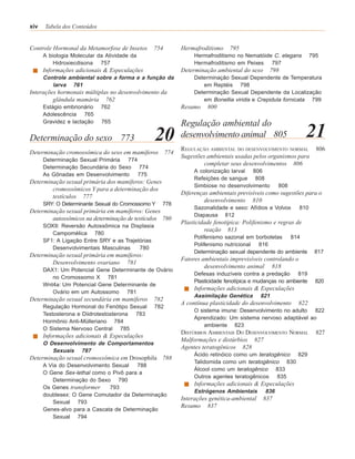 xiv   Tabela dos Conteúdos


Controle Hormonal da Metamorfose de Insetos    754        Hermafroditismo    795
      A biologia Molecular da Atividade da                     Hermafroditismo no Nematóide C. elegans           795
          Hidroxiecdisona 757                                  Hermafroditismo em Peixes 797
      Informações adicionais & Especulações               Determinação ambiental do sexo     798
      Controle ambiental sobre a forma e a função da           Determinação Sexual Dependente de Temperatura
         larva 761                                                em Reptéis 798
Interações hormonais múltiplas no desenvolvimento da           Determinação Sexual Dependente da Localização
         glândula mamária 762                                     em Bonellia viridis e Crepidula fornicata 799
      Estágio embrionário    762                          Resumo    800
      Adolescência 765
      Gravidez e lactação    765                          Regulação ambiental do
Determinação do sexo 773                          20      desenvolvimento animal 805                         21
                                                          REGULAÇÃO AMBIENTAL DO DESENVOLVIMENTO NORMAL            806
Determinação cromossômica do sexo em mamíferos 774
                                                          Sugestões ambientais usadas pelos organismos para
      Determinação Sexual Primária 774
                                                                   completar seus desenvolvimentos 806
      Determinação Secundária do Sexo 774
                                                               A colonização larval 806
      As Gônadas em Desenvolvimento    775
                                                               Refeições de sangue 808
Determinação sexual primária dos mamíferos: Genes
                                                               Simbiose no desenvolvimento       808
        cromossômicos Y para a determinação dos
                                                          Diferenças ambientais previsíveis como sugestões para o
        testículos 777
                                                                   desenvolvimento 810
      SRY: O Determinante Sexual do Cromossomo Y    778
                                                               Sazonalidade e sexo: Afídios e Volvox       810
Determinação sexual primária em mamíferos: Genes
                                                               Diapausa 812
        autossômicos na determinação de testículos 780
                                                          Plasticidade fenotípica: Polifenismo e regras de
      SOX9: Reversão Autossômica na Displasia
                                                                   reação 813
         Campomélica 780
                                                               Polifenismo sazonal em borboletas   814
      SF1: A Ligação Entre SRY e as Trajetórias
                                                               Polifenismo nutricional 816
         Desenvolvimentais Masculinas     780
                                                               Determinação sexual dependente do ambiente         817
Determinação sexual primária em mamíferos:
                                                          Fatores ambientais imprevisíveis controlando o
        Desenvolvimento ovariano 781
                                                                   desenvolvimento animal 818
      DAX1: Um Potencial Gene Determinante de Ovário
                                                               Defesas induzíveis contra a predação 819
         no Cromossomo X 781
                                                               Plasticidade fenotípica e mudanças no ambiente     820
      Wnt4a: Um Potencial Gene Determinante de
                                                               Informações adicionais & Especulações
         Ovário em um Autossomo 781
                                                               Assimilação Genética       821
Determinação sexual secundária em mamíferos    782
                                                          A contínua plasticidade do desenvolvimento     822
      Regulação Hormonal do Fenótipo Sexual       782
                                                               O sistema imune: Desenvolvimento no adulto 822
      Testosterona e Diidrotestosterona 783
                                                               Aprendizado: Um sistema nervoso adaptável ao
      Hormônio Anti-Mülleriano 784
                                                                   ambiente 823
      O Sistema Nervoso Central 785
                                                          DISTÚRBIOS AMBIENTAIS DO DESENVOLVIMENTO NORMAL          827
      Informações adicionais & Especulações
                                                          Malformações e distúrbios 827
      O Desenvolvimento de Comportamentos
                                                          Agentes teratogênicos 828
         Sexuais 787
                                                               Ácido retinóico como um teratogênico 829
Determinação sexual cromossômica em Drosophila 788
                                                               Talidomida como um teratogênico 830
      A Via do Desenvolvimento Sexual   788
                                                               Álcool como um teratogênico 833
      O Gene Sex-lethal como o Pivô para a
                                                               Outros agentes teratogênicos 835
         Determinação do Sexo 790
                                                               Informações adicionais & Especulações
      Os Genes transformer    793
                                                               Estrógenos Ambientais       836
      doublesex: O Gene Comutador da Determinação
                                                          Interações genética-ambiental    837
         Sexual 793
                                                          Resumo 837
      Genes-alvo para a Cascata de Determinação
         Sexual 794
 