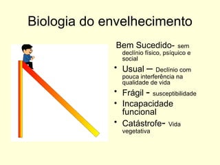 Biologia do envelhecimento Bem Sucedido-   sem declínio físico, psíquico e social Usual  –  Declínio com pouca interferência na qualidade de vida Frágil  -  susceptibilidade Incapacidade funcional Catástrofe -  Vida vegetativa 