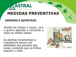 MEDIDAS PREVENTIVAS
JARDINS E QUINTAIS:
Mantê-los limpos e secos, com
a grama aparada e retirando o
mato ou folhas caídas
As plantas ornamentais e
trepadeiras devem ser
afastadas das paredes das
casas, evitando que as folhas
toquem o chão
 