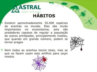 HÁBITOS
 Existem aproximadamente 35.000 espécies
de aranhas no mundo. Elas são muito
importantes no ecossistema, pois são
predadoras capazes de regular a população
de outros artrópodes, principalmente insetos,
que quando em grande número, podem se
tornar pragas
 Nem todas as aranhas tecem teias, mas as
que as fazem usam este artifício para caçar
insetos
 