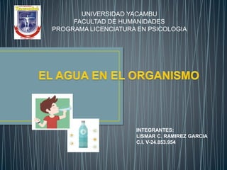 UNIVERSIDAD YACAMBU
FACULTAD DE HUMANIDADES
PROGRAMA LICENCIATURA EN PSICOLOGIA
INTEGRANTES:
LISMAR C. RAMIREZ GARCIA
C.I. V-24.853.954
 