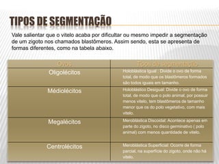 TIPOS DE SEGMENTAÇÃO
Ovos Tipos de segmentação
Oligolécitos Holoblástica Igual : Divide o ovo de forma
total, de modo que os blastômeros formados
são todos iguais em tamanho.
Médiolécitos Holoblástico Desigual: Divide o ovo de forma
total, de modo que o polo animal, por possuir
menos vitelo, tem blastômeros de tamanho
menor que os do polo vegetativo, com mais
vitelo.
Megalécitos Meroblástica Discoidal: Acontece apenas em
parte do zigoto, no disco germinativo ( polo
animal) com menos quantidade de vitelo.
Centrolécitos Meroblástica Superficial: Ocorre de forma
parcial, na superfície do zigoto, onde não há
vitelo.
Vale salientar que o vitelo acaba por dificultar ou mesmo impedir a segmentação
de um zigoto nos chamados blastômeros. Assim sendo, esta se apresenta de
formas diferentes, como na tabela abaixo.
 
