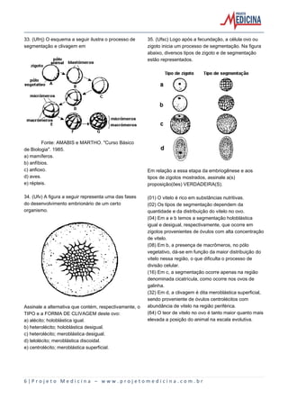 6 | P r o j e t o M e d i c i n a – w w w . p r o j e t o m e d i c i n a . c o m . b r
33. (Ufrrj) O esquema a seguir ilustra o processo de
segmentação e clivagem em
Fonte: AMABIS e MARTHO. "Curso Básico
de Biologia". 1985.
a) mamíferos.
b) anfíbios.
c) anfioxo.
d) aves.
e) répteis.
34. (Ufv) A figura a seguir representa uma das fases
do desenvolvimento embrionário de um certo
organismo.
Assinale a alternativa que contém, respectivamente, o
TIPO e a FORMA DE CLIVAGEM deste ovo:
a) alécito; holoblástica igual.
b) heterolécito; holoblástica desigual.
c) heterolécito; meroblástica desigual.
d) telolécito; meroblástica discoidal.
e) centrolécito; meroblástica superficial.
35. (Ufsc) Logo após a fecundação, a célula ovo ou
zigoto inicia um processo de segmentação. Na figura
abaixo, diversos tipos de zigoto e de segmentação
estão representados.
Em relação a essa etapa da embriogênese e aos
tipos de zigotos mostrados, assinale a(s)
proposição(ões) VERDADEIRA(S).
(01) O vitelo é rico em substâncias nutritivas.
(02) Os tipos de segmentação dependem da
quantidade e da distribuição do vitelo no ovo.
(04) Em a e b temos a segmentação holoblástica
igual e desigual, respectivamente, que ocorre em
zigotos provenientes de óvulos com alta concentração
de vitelo.
(08) Em b, a presença de macrômeros, no pólo
vegetativo, dá-se em função da maior distribuição do
vitelo nessa região, o que dificulta o processo de
divisão celular.
(16) Em c, a segmentação ocorre apenas na região
denominada cicatrícula, como ocorre nos ovos de
galinha.
(32) Em d, a clivagem é dita meroblástica superficial,
sendo proveniente de óvulos centrolécitos com
abundância de vitelo na região periférica.
(64) O teor de vitelo no ovo é tanto maior quanto mais
elevada a posição do animal na escala evolutiva.
 