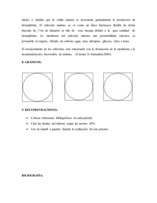 núcleo a medida que la célula madura se incrementa gradualmente la producción de
hemoglobina. El eritrocito maduro se ve como un disco bicóncavo flexible de forma
discoide de 7-8u de diámetro se tiñe de rosa naranja debido a la gran cantidad de
hemoglobina. La membrana del eritrocito muestra una permeabilidad selectiva, es
permeable al oxígeno, dióxido de carbono, agua, urea, nitrógeno, glucosa, cloro e iones.
El envejecimiento de los eritrocitos está relacionado con la destrucción de la membrana y la
desnaturalización irreversible de enzimas. . (Carmen N.Aristizabal.2008)
8. GRÁFICOS:
9. RECOMENDACIONES:
 Colocar referencias bibliográficas en cada párrafo.
 Citar las fuentes del informe según las normas APA.
 Uso de mandil y guantes durante la realización de esta práctica.
BILIOGRAFÍA:
 