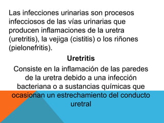 Las infecciones urinarias son procesos infecciosos de las vías urinarias que producen inflamaciones de la uretra (uretriti...