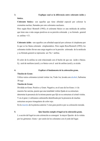 3. Explique cual es la diferencia entre colorante ácido y
básico.
Colorante básico.- son aquellas que tiene afinidad especial por colorear la
cromatina nuclear, llamadas por esto colorantes nucleares.
Pero según Ross/ Romrell (1992); el colorante básico es una molécula de anilina
que tiene una o más cargas positivas en su porción coloreada y su formula general
es: anilina + Cl-
.
Colorante ácido.- son aquellos con afinidad especial por colorear el citoplasma por
lo que se les llama colorante citoplasmático. Pero según Ross/Romrell (1992); los
colorantes ácidos llevan una carga negativa en la porción coloreada de la molécula
y su fórmula general se representa así: Na + anilina.
El color de la anilina no está relacionado con el hecho de que sea ácido o básica.
Ej.: azul de metileno (azul) y es básico con el azul de anilina (azul) y es ácido.
4. Explicar el fundamento de la coloración gram.
Tinción de Gram:
Utiliza varios colorantes (cristal violeta 1m, Yodo 1m, lavado con alcohol, Safranina
30 seg)
Tinción de Gram:
Dividida en Gram. Positivo y Gram. Negativo, en el caso de los Gram. (+) la
muestra fue sarcina, puesto que una tonalidad violeta fijada en su estructura
determina la presencia de la misma puesto que fijó en su estructura el cristal violeta.
Y en el gran (-) utilizamos salmonella identificada por la presencia de muchas
estructura un poco triangulares de color rojo.
En la muestra de la práctica anterior 3 eran gran positivo por su coloración morada.
5. Que función cumple el lugol en la coloración gram.
L a acción del lugol en esta coloración es conseguir la mayor fijación de la violeta
por los gérmenes. Gram.+ por unión de los colorantes con el yodo del lugar.
 