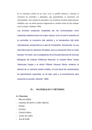 En la estructura celular de los seres vivos es posible observar y detectar la
existencia de anomalías o patologías, que generalmente se relacionan con
enfermedades. Este método ha permitido a los científicos localizar padecimientos
múltiples, que van desde procesos degenerativos celulares hasta de tipo maligno
como el cáncer. (Sanboh, 1996).
Las primeras sustancias empleadas por los microscopistas como
colorantes celulares fueron de origen natural, como el carmín (extraído de
la cochinilla), la crocianina (del azafrán) y la hematoxilina (del árbol
haematoxylon campechianum o palo de Campeche). Actualmente, se usa
este último para la coloración de tejidos, pero su producción tiene un costo
elevado. Por tanto, dos investigadores de la Escuela Nacional de Ciencias
Biológicas del Instituto Politécnico Nacional, la maestra María Teresa
Valenzuela Vargas y el doctor Filiberto Vázquez Dávila, probaron la
eficacia de un colorante celular sintético, el cual reúne las características
de pigmentación requeridas, es de bajo costo y el procedimiento para
producirlo es sencillo. (Sanboh, 1996).
IV. MATERIALES Y MÉTODOS
4.1. Materiales
- Mucosa labial
- Laminas de porta y cubre objetos
- Eosina
- Fucsina
- Cristal violeta
- Aceite de cedro
- Asa de kolle
 