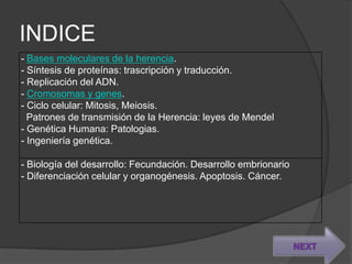 INDICE
- Bases moleculares de la herencia.
- Síntesis de proteínas: trascripción y traducción.
- Replicación del ADN.
- Cromosomas y genes.
- Ciclo celular: Mitosis, Meiosis.
  Patrones de transmisión de la Herencia: leyes de Mendel
- Genética Humana: Patologias.
- Ingeniería genética.

- Biología del desarrollo: Fecundación. Desarrollo embrionario
- Diferenciación celular y organogénesis. Apoptosis. Cáncer.




                                                                 NEXT
 