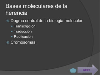 Bases moleculares de la
herencia
   Dogma central de la biologia molecular
     Transcripcion
     Traduccion
     Replicacion
   Cromosomas




                                             NEXT
 