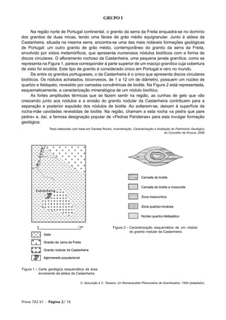 Prova 702.V1 • Página 2/ 16
GRUPO I
Na região norte de Portugal continental, o granito da serra da Freita enquadra-se no domínio
dos granitos de duas micas, tendo uma fácies de grão médio equigranular. Junto à aldeia da
Castanheira, situada na mesma serra, encontra-se uma das mais notáveis formações geológicas
de Portugal: um outro granito de grão médio, contemporâneo do granito da serra da Freita,
envolvido por xistos metamórficos, que apresenta numerosos nódulos biotíticos com a forma de
discos circulares. O afloramento rochoso da Castanheira, uma pequena janela granítica, como se
representa na Figura 1, parece corresponder à parte superior de um maciço granítico cuja cobertura
de xisto foi erodida. Este tipo de granito é considerado único em Portugal e raro no mundo.
De entre os granitos portugueses, o da Castanheira é o único que apresenta discos circulares
biotíticos. Os nódulos achatados, biconvexos, de 1 a 12 cm de diâmetro, possuem um núcleo de
quartzo e feldspato, revestido por camadas concêntricas de biotite. Na Figura 2 está representada,
esquematicamente, a caracterização mineralógica de um nódulo biotítico.
As fortes amplitudes térmicas que se fazem sentir na região, as cunhas de gelo que vão
crescendo junto aos nódulos e a erosão do granito nodular da Castanheira contribuem para a
separação e posterior expulsão dos nódulos de biotite. Ao soltarem-se, deixam à superfície da
rocha-mãe cavidades revestidas de biotite. Na região, chamam a esta rocha «a pedra que pare
pedra» e, daí, a famosa designação popular de «Pedras Parideiras» para esta invulgar formação
geológica.
Texto elaborado com base em Daniela Rocha, Inventariação, Caracterização e Avaliação do Património Geológico
do Concelho de Arouca, 2008
Figura 1 – Carta geológica esquemática da área
envolvente da aldeia da Castanheira.
Figura 2 – Caracterização esquemática de um nódulo
do granito nodular da Castanheira.
C. Assunção e C. Teixeira, Un Remarquable Phenomène de Granitisation, 1954 (adaptado)
 