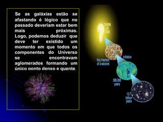 Se as galáxias estão se
afastando é lógico que no
passado deveriam estar bem
mais               próximas.
Logo, podemos deduzir que
deve    ter   existido   um
momento em que todos os
componentes do Universo
se             encontravam
aglomerados formando um
único ponto denso e quente.
 