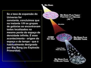 Se a taxa de expansão do
Universo for
constante, concluímos que
no instante 1/H os grupos
de galáxias se encontravam
todos localizados no
mesmo ponto do espaço de
densidade infinita. É esse
acontecimento - origem do
espaço e do tempo - que é
habitualmente designado
por Big Bang (ou Explosão
Primordial).
 