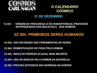 O CALENDÁRIO
                                     CÓSMICO
                      31 DE DEZEMBRO

13:30h:   ORIGEM DO PROCONSUL E DO RAMAPITHECUS, PROVÁVEIS
          ANTEPASSADOS DOS MACACOS E DOS HOMENS


          22:30h: PRIMEIROS SERES HUMANOS

23:00h: USO DIFUNDIDO DAS FERRAMENTAS DE PEDRA

23:46h: DOMESTICAÇÃO DO FOGO PELO HOMEM

23:56h: INÍCIO DO PERÍODO GLACIAL MAIS RECENTE

23:58h: USO DE BARCOS PELO HOMEM DA AUSTRÁLIA

23:59h: PINTURA EXTENSIVA EM CAVERNAS NA EUROPA
 