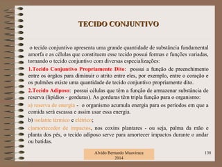 TECIDO CONJUNTIVOTECIDO CONJUNTIVO
o tecido conjuntivo apresenta uma grande quantidade de substância fundamental
amorfa e as células que constituem esse tecido possui formas e funções variadas,
tornando o tecido conjuntivo com diversas especializações:
1.Tecido Conjuntivo Propriamente Dito: possui a função de preenchimento
entre os órgãos para diminuir o atrito entre eles, por exemplo, entre o coração e
os pulmões existe uma quantidade de tecido conjuntivo propriamente dito.
2.Tecido Adiposo: possui células que têm a função de armazenar substância de
reserva (lipídios - gorduras). As gorduras têm tripla função para o organismo:
a) reserva de energia - o organismo acumula energia para os períodos em que a
comida será escassa e assim usar essa energia.
b) isolante térmico e elétrico;
c)amortecedor de impactos, nos coxins plantares - ou seja, palma da mão e
planta dos pés, o tecido adiposo serve para amortecer impactos durante o andar
ou batidas.
Alvido Bernardo Muaviraca
2014
138
 