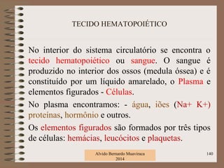 TECIDO HEMATOPOIÉTICO
No interior do sistema circulatório se encontra o
tecido hematopoiético ou sangue. O sangue é
produzido no interior dos ossos (medula óssea) e é
constituído por um líquido amarelado, o Plasma e
elementos figurados - Células.
No plasma encontramos: - água, iões (Na+ K+)
proteínas, hormônio e outros.
Os elementos figurados são formados por três tipos
de células: hemácias, leucócitos e plaquetas.
Alvido Bernardo Muaviraca
2014
140
 