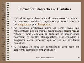 Sistemática Filogenética ou Cladística
• Entende-se que a diversidade de seres vivos é resultante
de processos evolutivos e que esses processos ocorrem
por anagênese e por cladogênese.
• As relações evolutivas entre os seres vivos são
representadas por diagramas denominados cladogramas
(clado = ramo), em que se destacam os pontos onde
ocorreram os eventos cladogenéticos e se considera a
anagênese como processo que origina as novidades
evolutivas.
• A filogenia só pode ser reconstruída com base em
caracteres derivados compartilhados.
Alvido Bernardo Muaviraca 160
 
