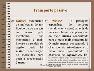 Transporte passivo
a) Difusão - movimento
de moléculas de um
líquido ou de um gás
ao acaso pela
membrana. Esse
movimento é mais
intenso no sentido da
região onde há
maior concentração
de moléculas para
onde a concentração
é menor.
b) Osmose - a passagem
espontânea do solvente
(geralmente a água) através de
uma membrana semipermeável
do meio menos concentrado
para o meio mais concentrado.
O meio menos concentrado é
chamado de hipotônico e o
meio mais concentrado é
chamado de hipertônico. Ex:
“ao ficarmos algum tempo no mar notamos que as
pontas dos dedos ficam enrugadas, isso acontece
porque perdemos água do nosso corpo para o mar,
pelo fato de que nosso corpo é menos concentrado
em sal que o mar.” 18
Alvido Bernardo Muaviraca
 