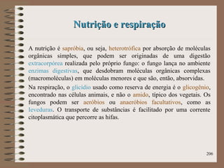 Nutrição e respiraçãoNutrição e respiração
A nutrição é sapróbia, ou seja, heterotrófica por absorção de moléculas
orgânicas simples, que podem ser originadas de uma digestão
extracorpórea realizada pelo próprio fungo: o fungo lança no ambiente
enzimas digestivas, que desdobram moléculas orgânicas complexas
(macromoléculas) em moléculas menores e que são, então, absorvidas.
Na respiração, o glicídio usado como reserva de energia é o glicogênio,
encontrado nas células animais, e não o amido, típico dos vegetais. Os
fungos podem ser aeróbios ou anaeróbios facultativos, como as
Ieveduras. O transporte de substâncias é facilitado por uma corrente
citoplasmática que percorre as hifas.
206
 