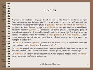 Lipídios
A principal propriedade deste grupo de substâncias é o fato de serem insolúveis em água.
Essas substâncias são formadas por C, H e O, mas em proporções diferentes da dos
carboidratos. Fazem parte deste grupo as gorduras, os óleos, as ceras e os esteróides. As
gorduras e os óleos formam o grupo dos triglicerídeos, pois, por hidrólise, ambos liberam
um álcool chamado glicerol e 3 "moléculas“ de ácidos graxos. O ácido graxo pode ser
saturado ou insaturado. O saturado é aquele onde há somente ligações simples entre os
átomos de carbono, como por exemplo, o ácido palmítico e o ácido esteárico. O ácido
graxo insaturado possui uma ou mais ligações duplas entre os carbonos, como, por
exemplo, o ácido oléico.
Um lipídio é chamado "gordura" quando está no estado sólido à temperatura ambiente;
caso esteja no estado líquido será denominado "óleo".
As ceras são duras à temperatura ambiente e macias quando são aquecidas. As ceras, por
hidrólise, liberam "uma" molécula de álcool e ácidos graxos, ambos de cadeia longa.
Os esteróides são lipídios de cadeia complexa. Como exemplo pode-se citar o colesterol e
alguns hormonas: estrógenos, testosterona.
66Alvido Bernardo Muaviraca
 