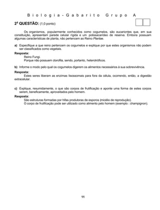 B i o l o g i a - G a b a r i t o                       G r u p o           A

2a QUESTÃO: (1,0 ponto)

        Os organismos, popularmente conhecidos como cogumelos, são eucariontes que, em sua
constituição, apresentam parede celular rígida e um polissacarídeo de reserva. Embora possuam
algumas características de planta, não pertencem ao Reino Plantae.

a) Especifique a que reino pertencem os cogumelos e explique por que estes organismos não podem
   ser classificados como vegetais.
Resposta:
       Reino Fungi.
       Porque não possuem clorofila, sendo, portanto, heterotróficos.

b) Informe o modo pelo qual os cogumelos digerem os alimentos necessários à sua sobrevivência.
Resposta:
       Estes seres liberam as enzimas lisossomais para fora da célula, ocorrendo, então, a digestão
extracelular.


c) Explique, resumidamente, o que são corpos de frutificação e aponte uma forma de estes corpos
   serem, beneficamente, aproveitados pelo homem.
Resposta:
      São estruturas formadas por hifas produtoras de esporos (micélio de reprodução).
      O corpo de frutificação pode ser utilizado como alimento pelo homem (exemplo : champignon).




                                                11
 