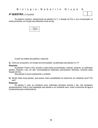 B i o l o g i a - G a b a r i t o                         G r u p o           A

4a QUESTÃO: (1,0 ponto)

      Os gráficos mostram, relativamente às plantas X e Y, a fixação de CO2 e sua incorporação no
amido produzido, em função das diferentes horas do dia.




      A partir da análise dos gráficos, responda:

a) Como se comportam, em função da luminosidade, os estômatos das plantas X e Y?
Resposta:
       As plantas Y fixam o CO2 durante a noite (baixa luminosidade), estando, portanto, os estômatos
abertos. Durante o dia, em alta luminosidade,os estômatos permanecem fechados, havendo baixa
fixação de CO2.
       Nas plantas X ocorre exatamente o contrário.

b) Dentre estas duas plantas, qual possui maior possibilidade de sobreviver em ambiente seco? Por
   que?
Resposta:
      As plantas Y, pois, ao manterem seus estômatos fechados durante o dia, não transpiram
excessivamente. Esta é uma adaptação das plantas a um ambiente seco, onde a economia de água é
fundamental para a sobrevivência.




                                                    13
 