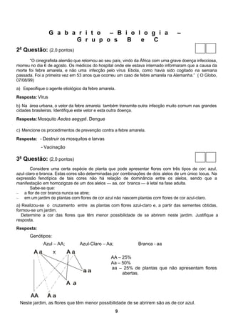 G a b a r i t o – B i o l o g i a                                –
                         G r u p o s   B   e   C
2a Questão: (2,0 pontos)
       “O cinegrafista alemão que retornou ao seu país, vindo da África com uma grave doença infecciosa,
morreu no dia 6 de agosto. Os médicos do hospital onde ele estava internado informaram que a causa da
morte foi febre amarela, e não uma infecção pelo vírus Ebola, como havia sido cogitado na semana
passada. Foi a primeira vez em 53 anos que ocorreu um caso de febre amarela na Alemanha.” ( O Globo,
07/08/99)
a) Especifique o agente etiológico da febre amarela.

Resposta: Vírus

b) Na área urbana, o vetor da febre amarela também transmite outra infecção muito comum nas grandes
cidades brasileiras. Identifique este vetor e esta outra doença.

Resposta: Mosquito Aedes aegypti. Dengue

c) Mencione os procedimentos de prevenção contra a febre amarela.

Resposta: - Destruir os mosquitos e larvas
            - Vacinação

3a Questão: (2,0 pontos)
        Considere uma certa espécie de planta que pode apresentar flores com três tipos de cor: azul,
azul-claro e branca. Estas cores são determinadas por combinações de dois alelos de um único locus. Na
expressão fenotípica de tais cores não há relação de dominância entre os alelos, sendo que a
manifestação em homozigoze de um dos alelos — aa, cor branca — é letal na fase adulta.
        Sabe-se que:
– a flor de cor branca nunca se abre;
– em um jardim de plantas com flores de cor azul não nascem plantas com flores de cor azul-claro.
a) Realizou-se o cruzamento entre as plantas com flores azul-claro e, a partir das sementes obtidas,
formou-se um jardim.
   Determine a cor das flores que têm menor possibilidade de se abrirem neste jardim. Justifique a
resposta.
Resposta:
       Genótipos:
              Azul – AA;         Azul-Claro – Aa;              Branca - aa

                                                 AA – 25%
                                                 Aa – 50%
                                                 aa – 25% de plantas que não apresentam flores
                                                      abertas.




 Neste jardim, as flores que têm menor possibilidade de se abrirem são as de cor azul.
                                                    9
 