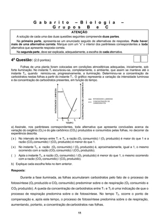 G a b a r i t o – B i o l o g i a                                                                           –
                         G r u p o s   B   e   C
                                                                ATENÇÃO
       A solução de cada uma das duas questões seguintes compreende duas partes.
     Na primeira parte, apresenta-se um enunciado seguido de alternativas de respostas. Pode haver
mais de uma alternativa correta. Marque com um “x” o interior dos parênteses correspondentes a toda
alternativa que apresente resposta correta.
     Na segunda parte, deve ser explicada, adequadamente, a escolha de cada alternativa.

4a Questão: (2,0 pontos)
         Folhas de uma planta foram colocadas em condições atmosféricas adequadas, inicialmente, sob
forte iluminação. No instante T1 escureceu-se, completamente, o ambiente, que assim se manteve até o
instante T2, quando reiniciou-se, progressivamente, a iluminação. Determinou-se a concentração de
carboidratos nestas folhas a partir do instante T1. O gráfico representa a variação da intensidade luminosa
e da concentração de carboidratos presentes, em função do tempo.
                                                                                                R OS
                                                                                        E ARBOID AT
                                  IN NSID E LUMINOSA




                                                                                 TR ÃO D C




                                                                                                       INTENSIDADE LUMINOSA
                                         AD




                                                                                                       CONCENTRAÇÃO DE
                                                                                                       CARBOIDRATOS
                                                                            C CEN AÇ
                                    TE




                                                                             ON




                                                   0   T1    T2   T3
                                                            TEMPO

a) Assinale, nos parênteses correspondentes, toda alternativa que apresenta conclusões acerca da
variação do oxigênio (O2) e do gás carbônico (CO2) produzidos e consumidos pelas folhas, no decorrer da
experiência descrita.
( x ) No intervalo de tempo entre T1 e T3, a razão (O2 consumido) / (O2 produzido) é maior do que 1 e a
      razão (CO2 consumido) / (CO 2 produzido) é menor do que 1.
( x)    No instante T3 , a razão (O2 consumido) / (O2 produzido) é, aproximadamente, igual a 1, o mesmo
        ocorrendo com a razão (CO2 consumido) / (CO 2 produzido).
( )     Após o instante T3, a razão (O2 consumido) / (O2 produzido) é menor do que 1, o mesmo ocorrendo
        com a razão (CO2 consumido) / (CO2 produzido).
b) Explique cada escolha feita no item anterior.

Resposta:

         Durante a fase iluminada, as folhas acumularam carboidratos pelo fato de o processo de
fotossíntese (O2 produzido e CO2 consumido) predominar sobre o de respiração (O2 consumido e
CO2 produzido). A queda da concentração de carboidratos entre T1 e T3 é uma indicação de que o
processo de respiração predomina sobre o de fotossíntese. No tempo T3, ocorre o ponto de
compensação e, após este tempo, o processo de fotossíntese predomina sobre o de respiração,
aumentando, portanto, a concentração de carboidratos nas folhas.

                                                                       11
 