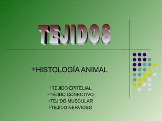 HISTOLOGÍA ANIMAL


    TEJIDO EPITELIAL
   TEJIDO CONECTIVO

   TEJIDO MUSCULAR

    TEJIDO NERVIOSO
 